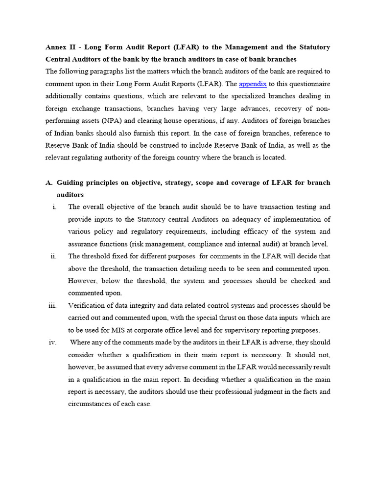 LFAR Guidelines for Bank Branch Auditors | PDF | Audit | Banks