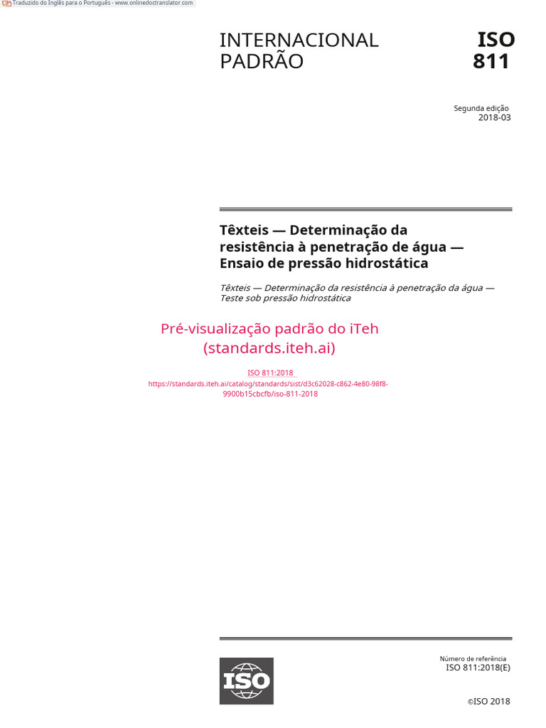 ISO 811: Resistência à Penetração de Água | PDF | Padronização | Pressão