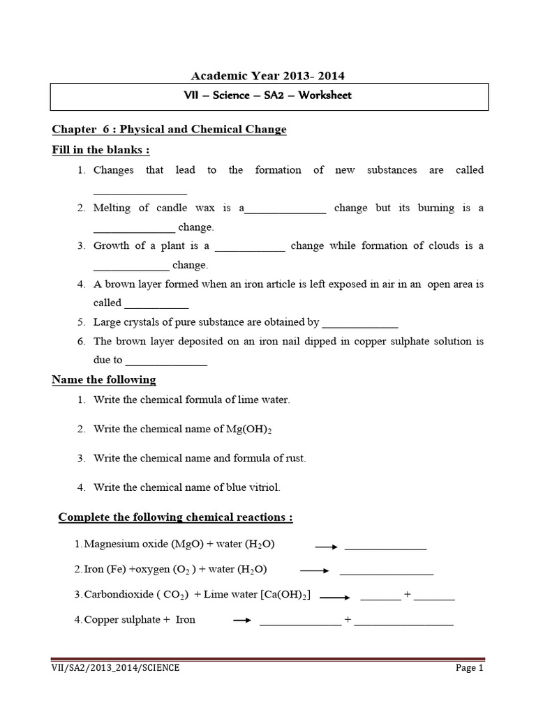 Class 7 Worksheet: Physical & Chemical Changes | PDF