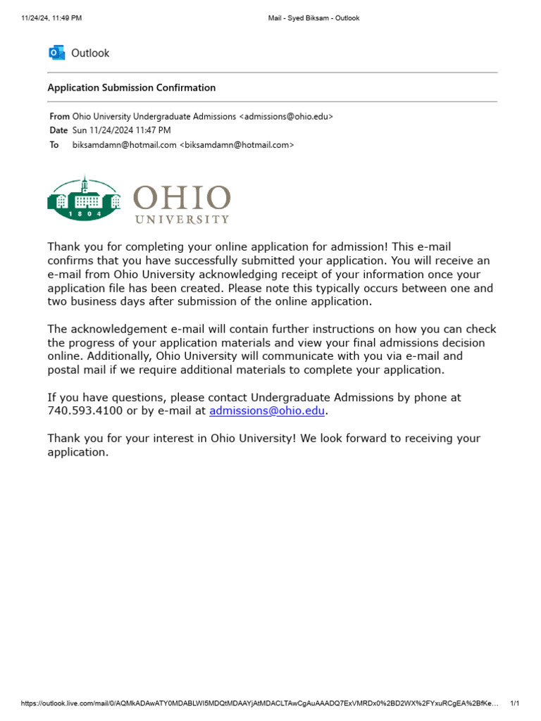 Ohio University Application Confirmation | PDF