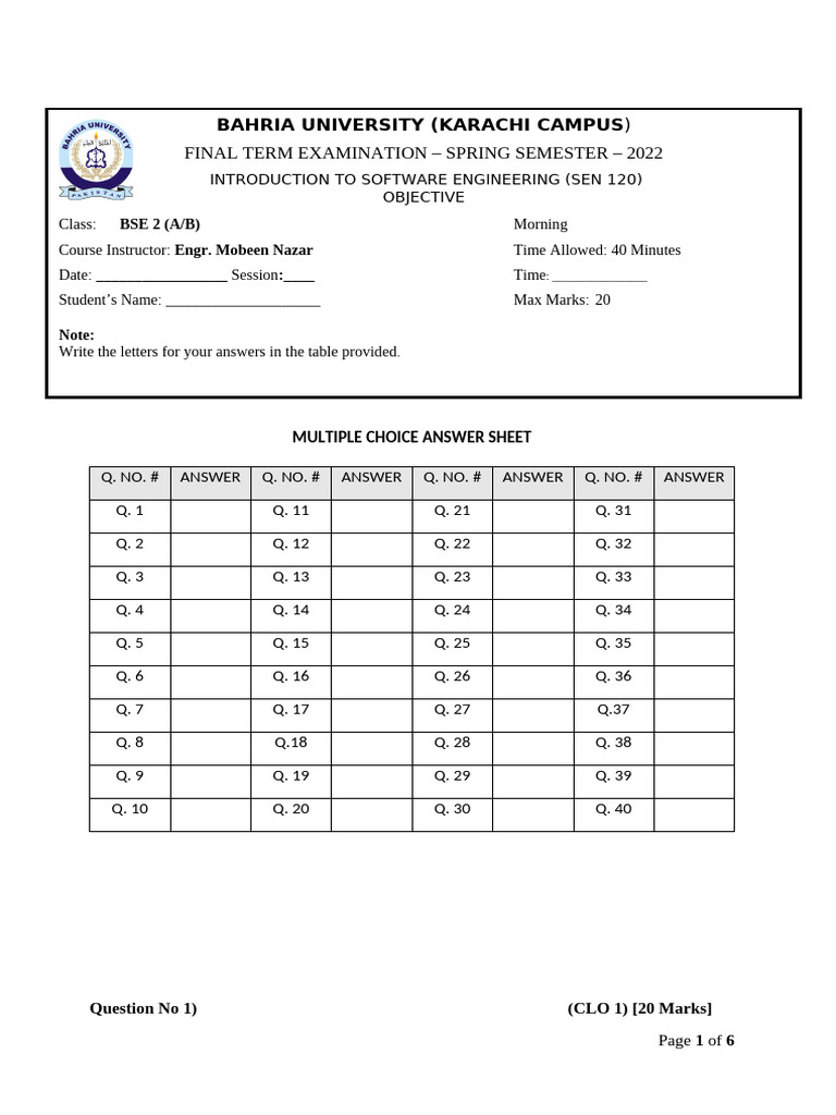 Software Engineering Exam Answer Sheet | PDF | Software Testing ...