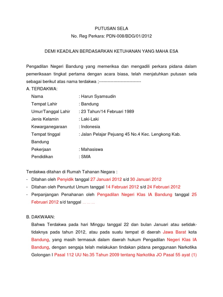 Contoh Surat Putusan Pidana