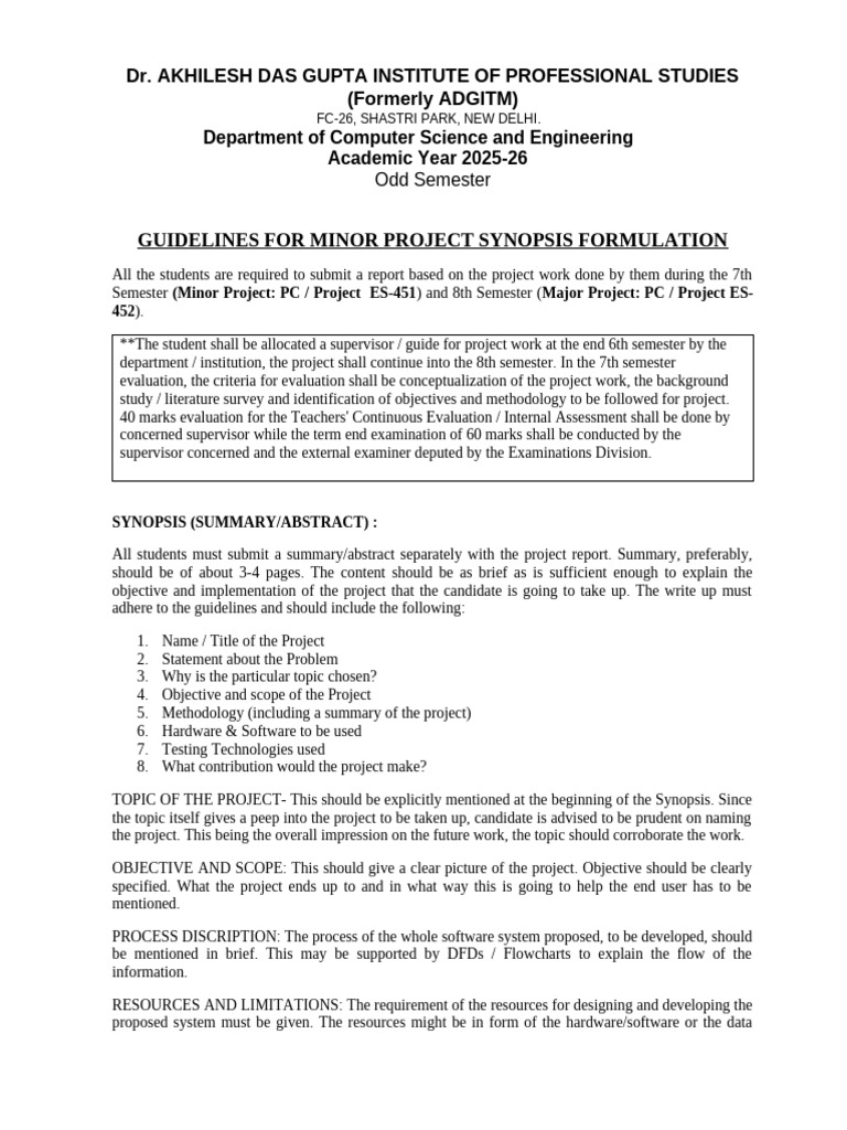 Minor Project Synopsis Guidelines 2025-26 | PDF | Abstract (Summary ...