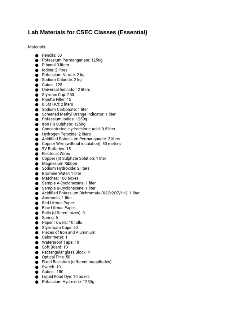 CSEC Lab Materials Checklist | PDF