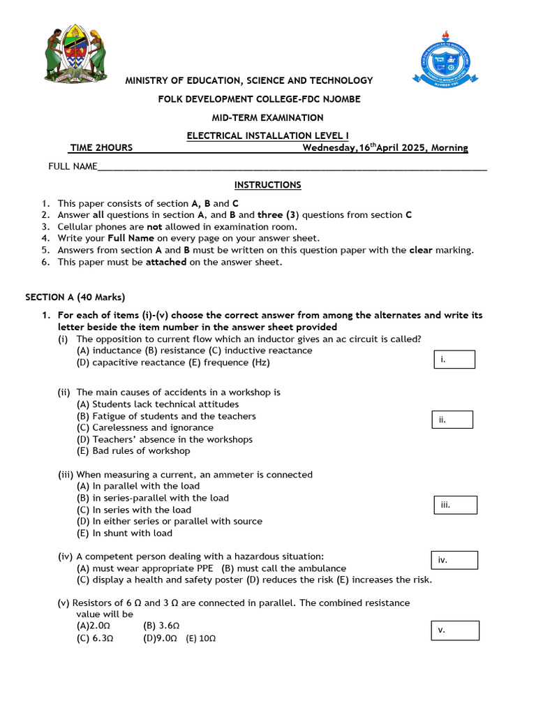 Electrical Installation Exam Paper 2025 | PDF | Series And Parallel ...