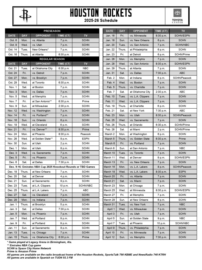 2025-26 Houston Rockets Schedule | PDF | Los Angeles Lakers | National ...
