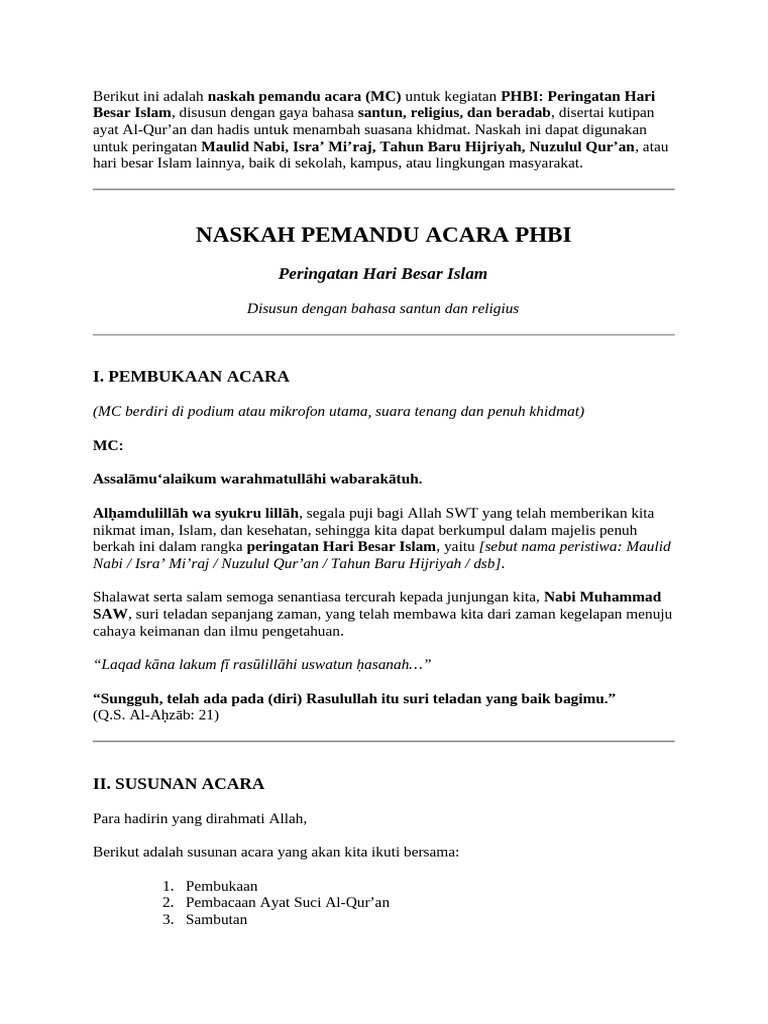 Contoh Naskah Pemandu Acara Phbi | PDF