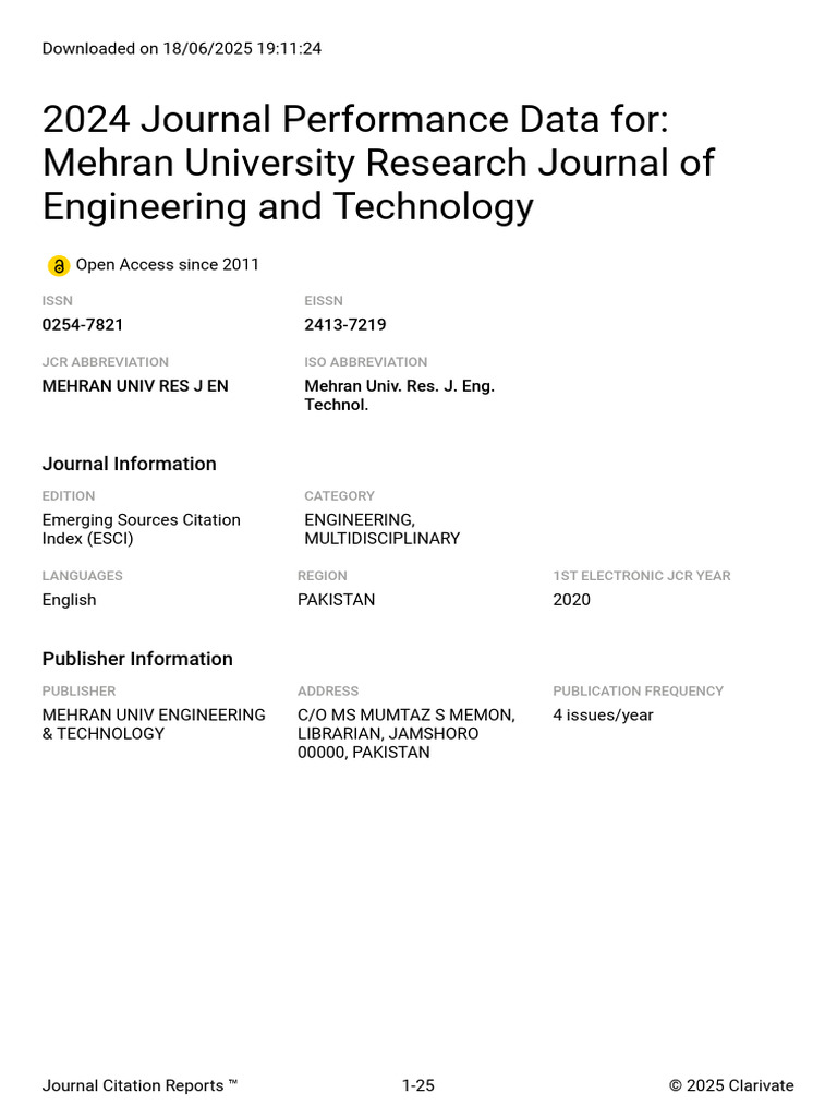 2024 Impact Factor of Mehran University Journal | PDF | Open Access ...