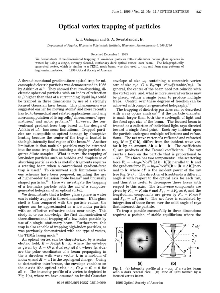 Optical Vortex Trapping of Particles | PDF | Optics | Force