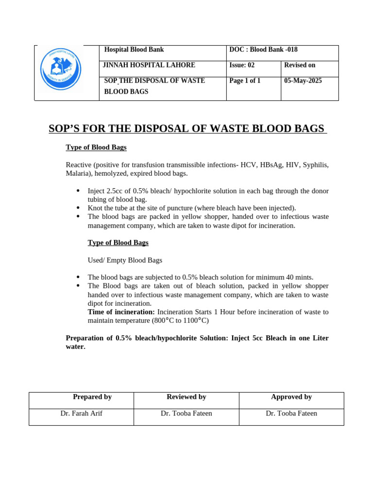 Blood Bag Disposal SOP | PDF