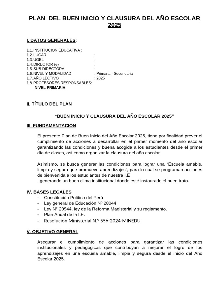 Plan Buen Inicio y Clausura Escolar 2025 | PDF | Salón de clases | Maestros