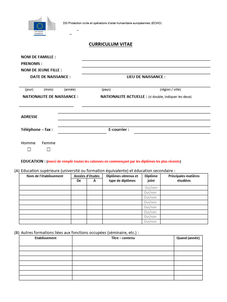 Modèle de CV pour l'UE | PDF