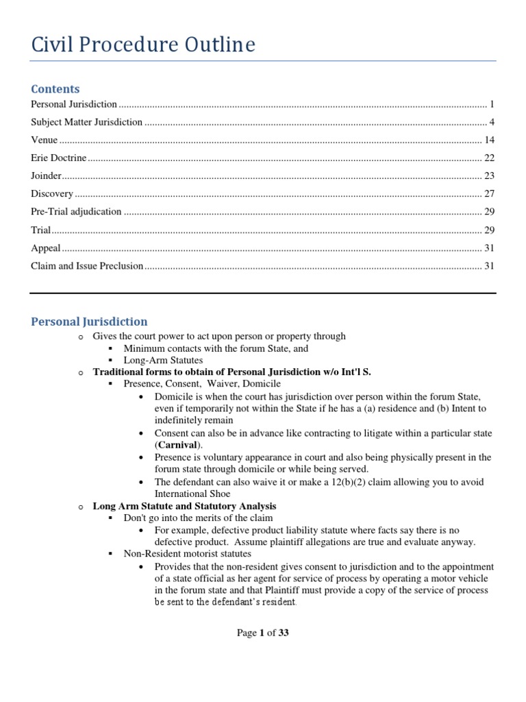 Civil Procedure Outline PDF Supplemental Jurisdiction Diversity