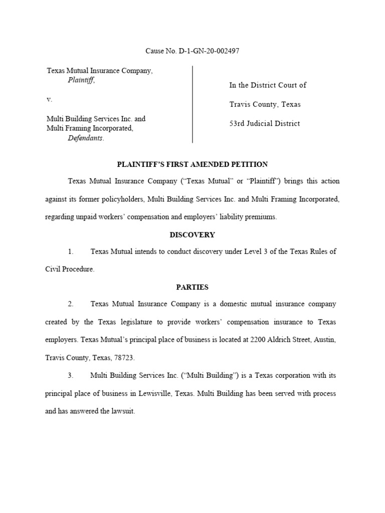 2022-11-22 - Pltf's First Amended Petition | PDF | Insurance | Workers ...