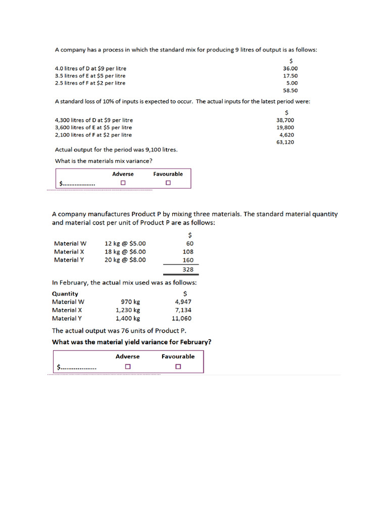 Material Mix & Yield Variance | PDF | Pizza | Variance