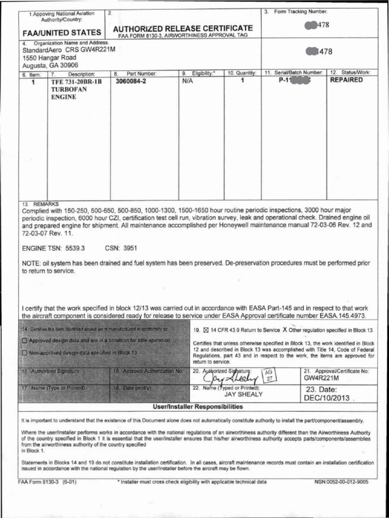 FAA Form 8130-3 Airworthiness Approval | PDF | Transport | Aviation