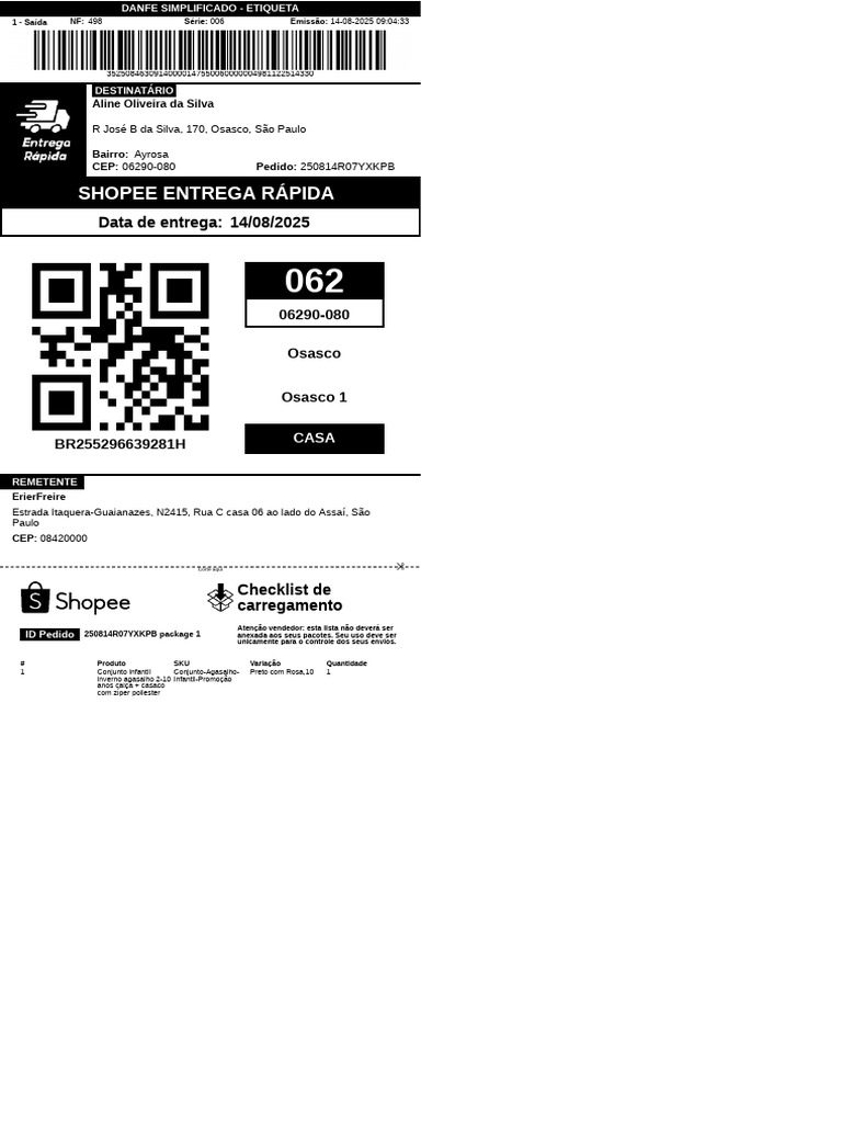 Nota Fiscal de Pedido Shopee 14/08/2025 | PDF