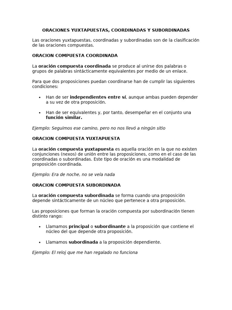 Español - Oraciones Yuxtapuestas, Coordinadas y Subordinadas | PDF