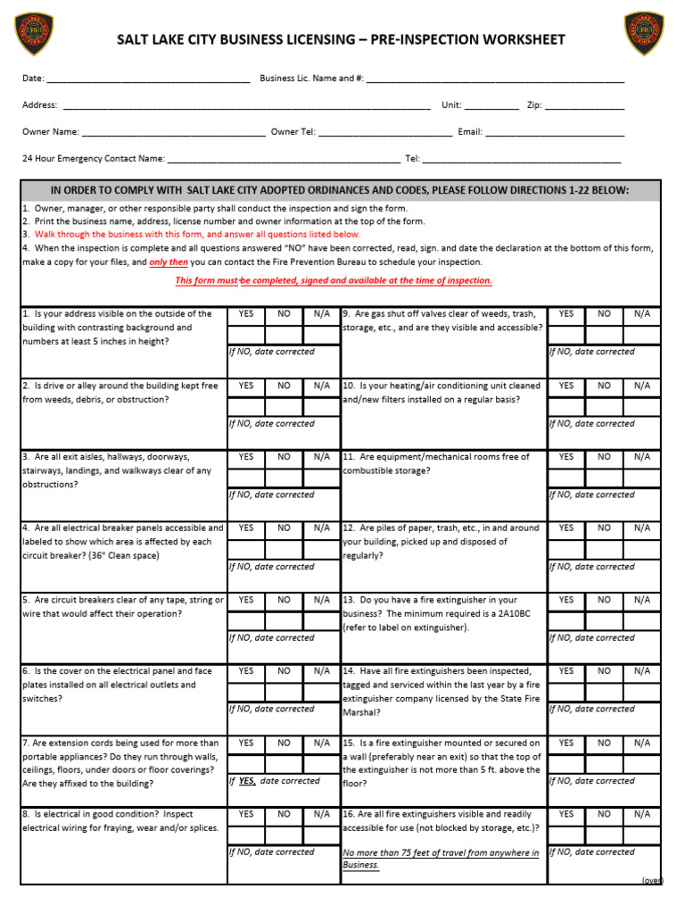 Salt Lake City Fire Preparedness Checklist For Businesses | PDF ...