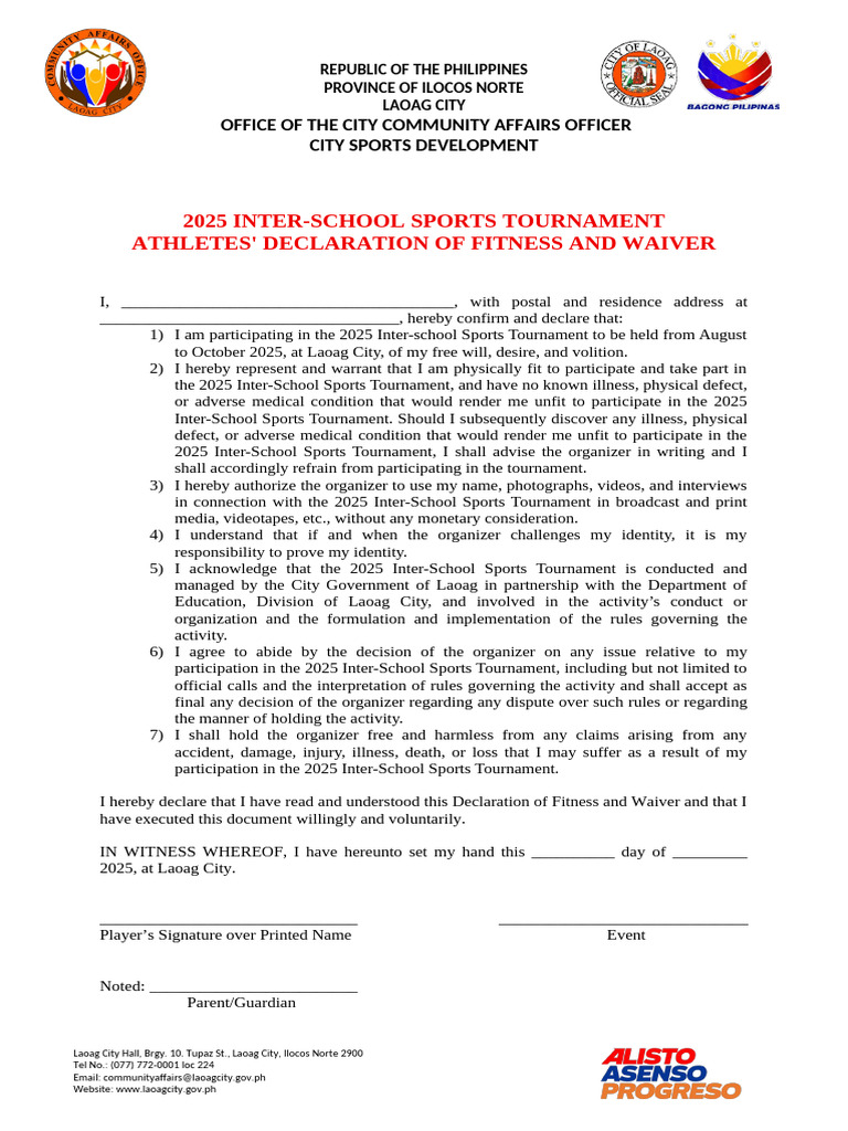 2025 Inter-School Sports Tournament Athletes' Declaration of Fitness ...