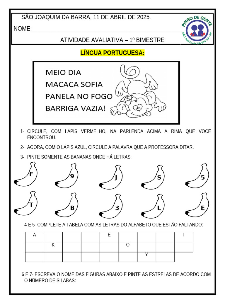 Atividades de Língua Portuguesa 1º Bimestre | PDF