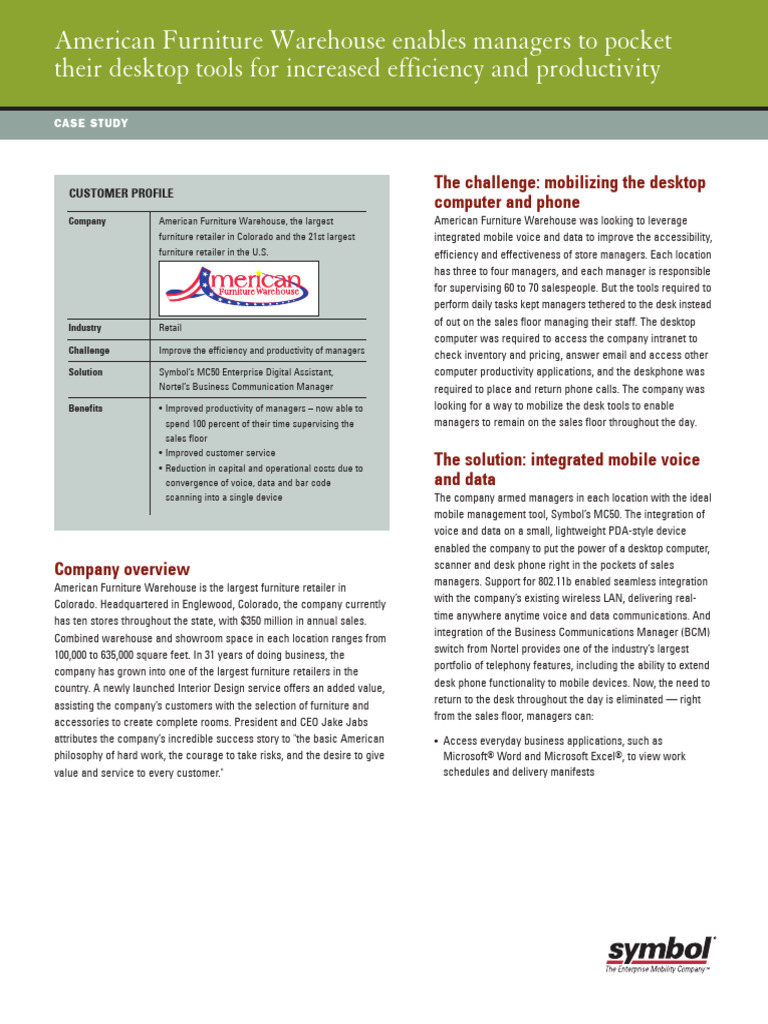 American Furniture Warehouse Overview | PDF | Telephone | Barcode