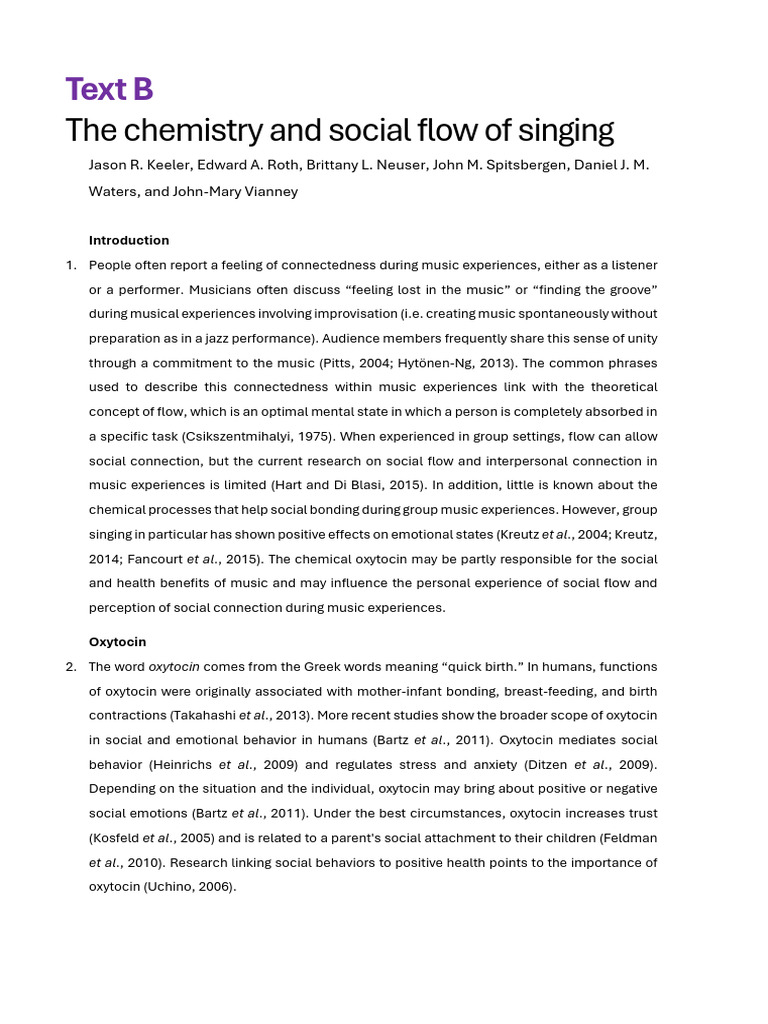 Text B - The Chemistry and Social Flow of Singing | PDF | Stress ...
