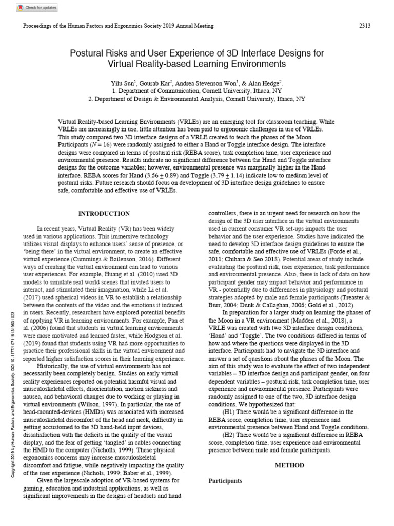 Postural Risks in VR Learning Interfaces | PDF | Virtual Reality | User ...