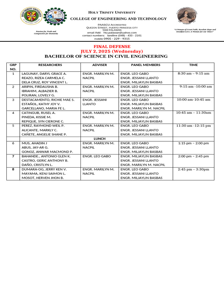 Final Defense Schedule July 2 4 | PDF