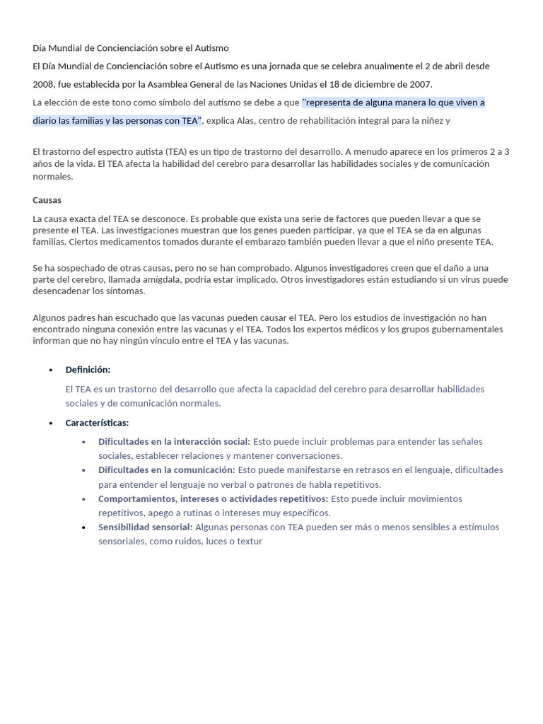 Día Mundial del Autismo: Concienciación TEA | PDF | Autismo ...