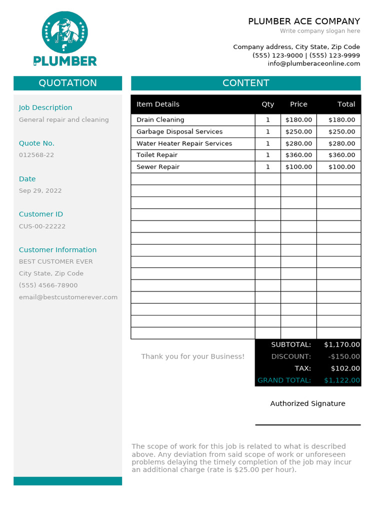 Plumbing Service Quote Template | PDF