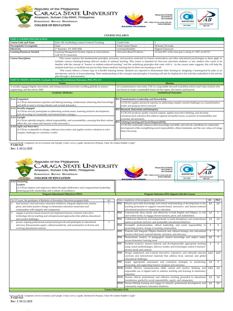 Educ 103: Learner-Centered Teaching Syllabus | PDF | Behaviorism | Learning