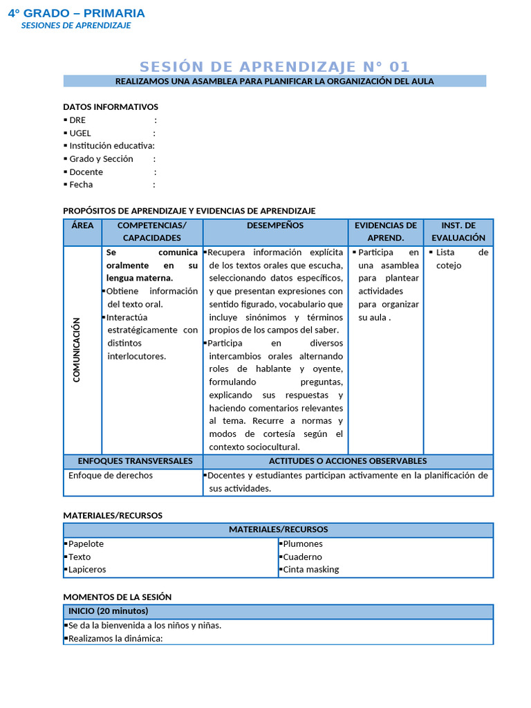 Asamblea para Organizar el Aula en 4° Grado | PDF | Aprendizaje ...