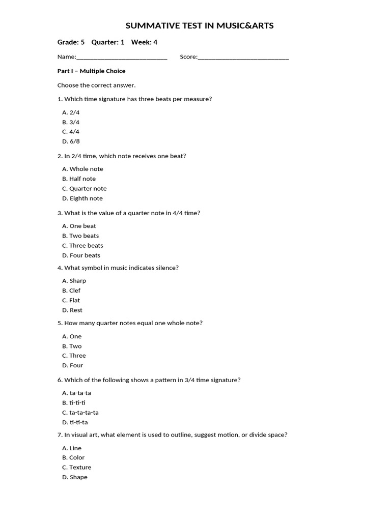 Grade 5 Music & Arts Summative Test | PDF | Color | Rhythm
