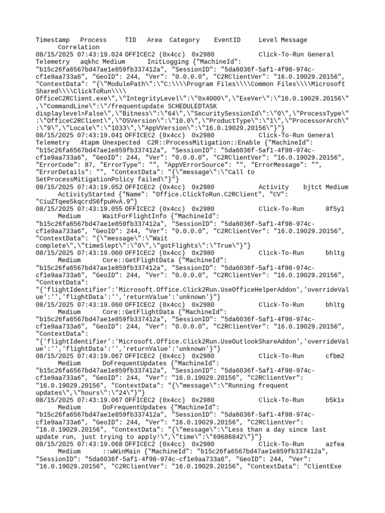 Click-To-Run Telemetry Log 16.0.19029.20156 | PDF | Computing | Software