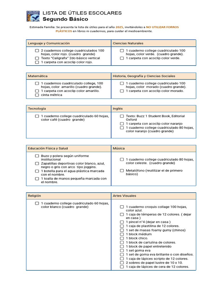 Útiles Escolares 2025 Segundo Básico | PDF | Color | Lápiz