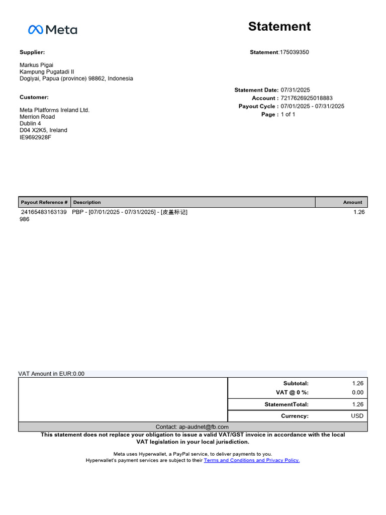PBP Invoice Statement for Meta | PDF | Money | Business