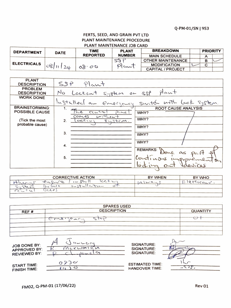 Plant Maintenance Job Card Template | PDF