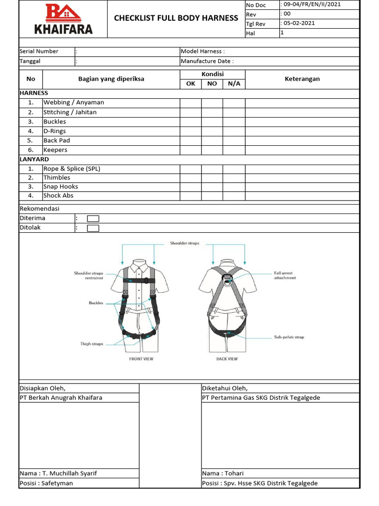 Checklist Pemeriksaan Full Body Harness | PDF