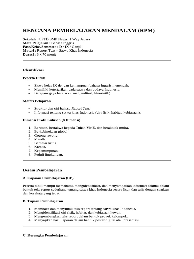 Rencana Pembelajaran Report Text Satwa | PDF