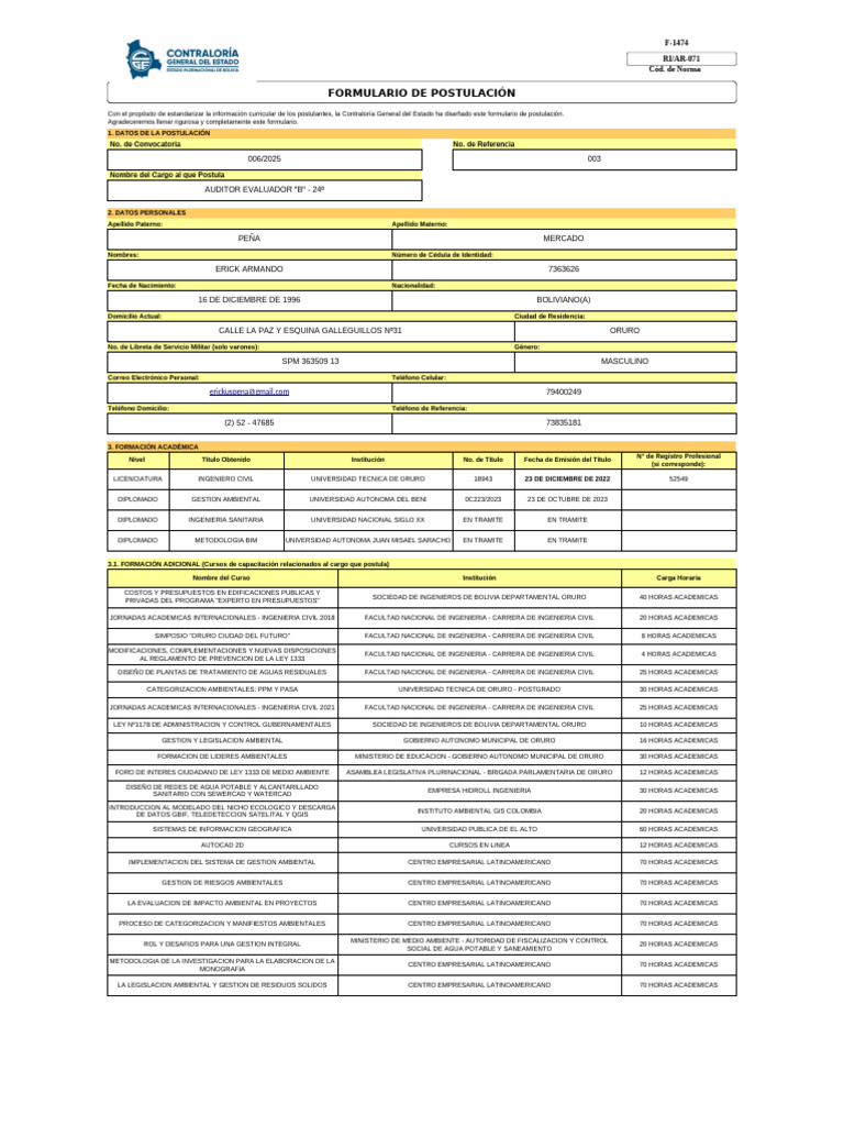 Formulario de Postulacion | PDF | Ingeniero civil