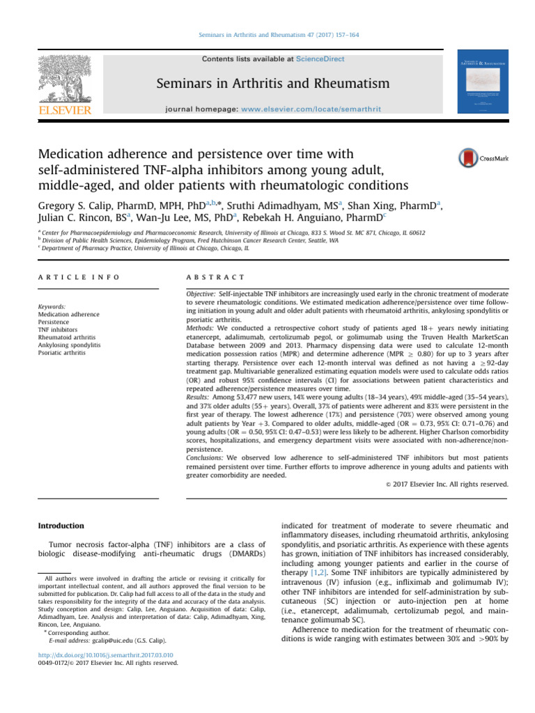 Medication Adherence and Persistence Over Time With | PDF | Arthritis ...