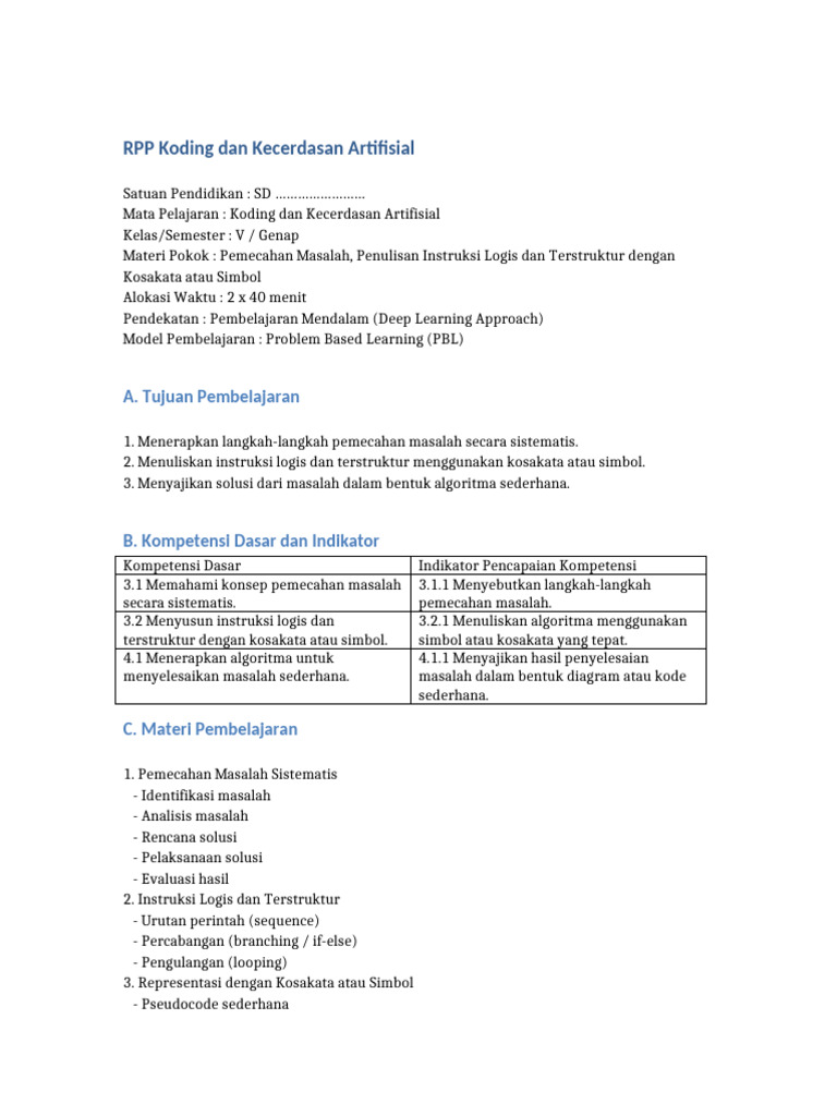 RPP Koding Kelas 5: AI dan Pemecahan Masalah | PDF
