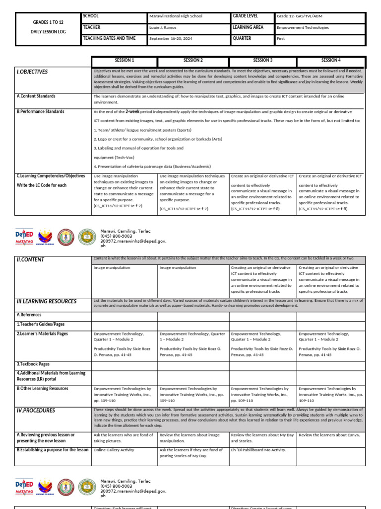 Grade 12 Empowerment Tech Lesson Plan | PDF | Educational Technology ...
