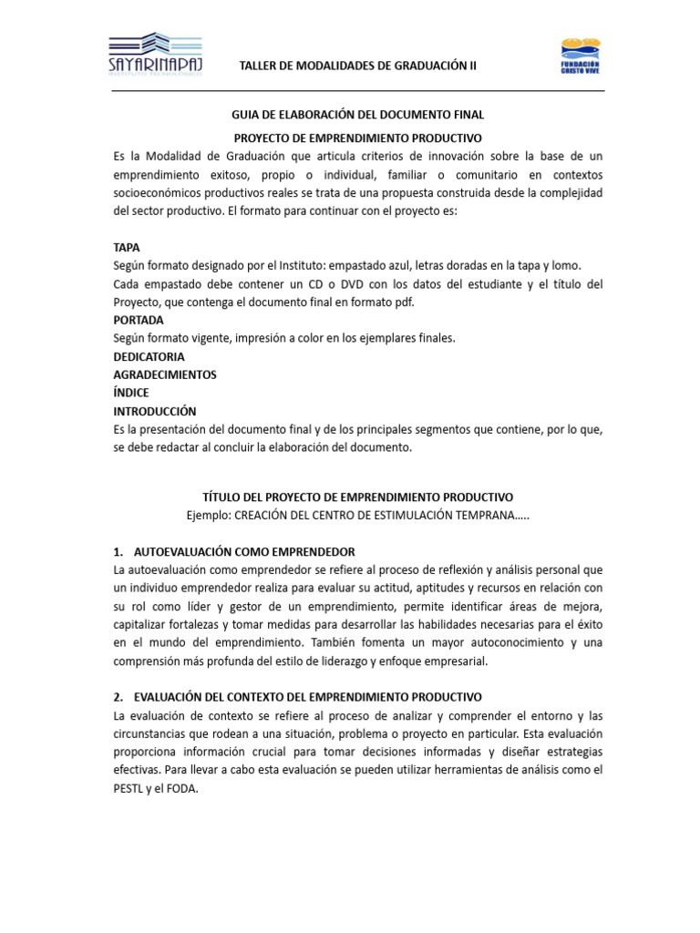 Guía para Proyecto de Emprendimiento | PDF | Iniciativa empresarial ...