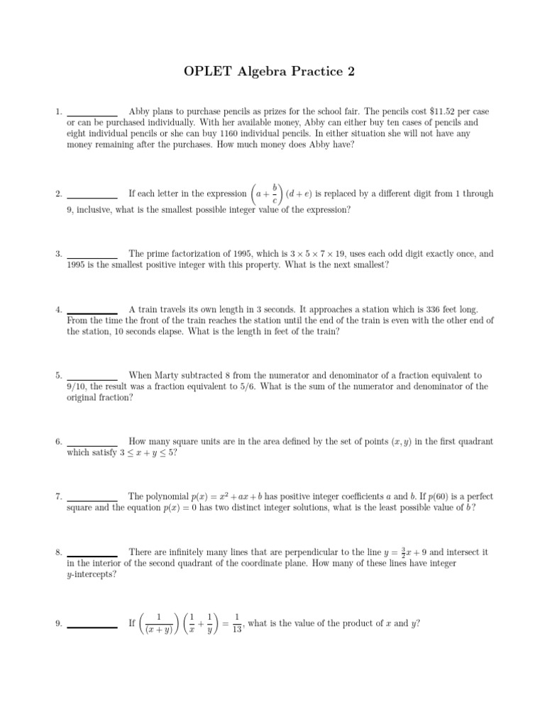 Algebra Problem Set for Practice | PDF | Numbers | Mathematical Concepts