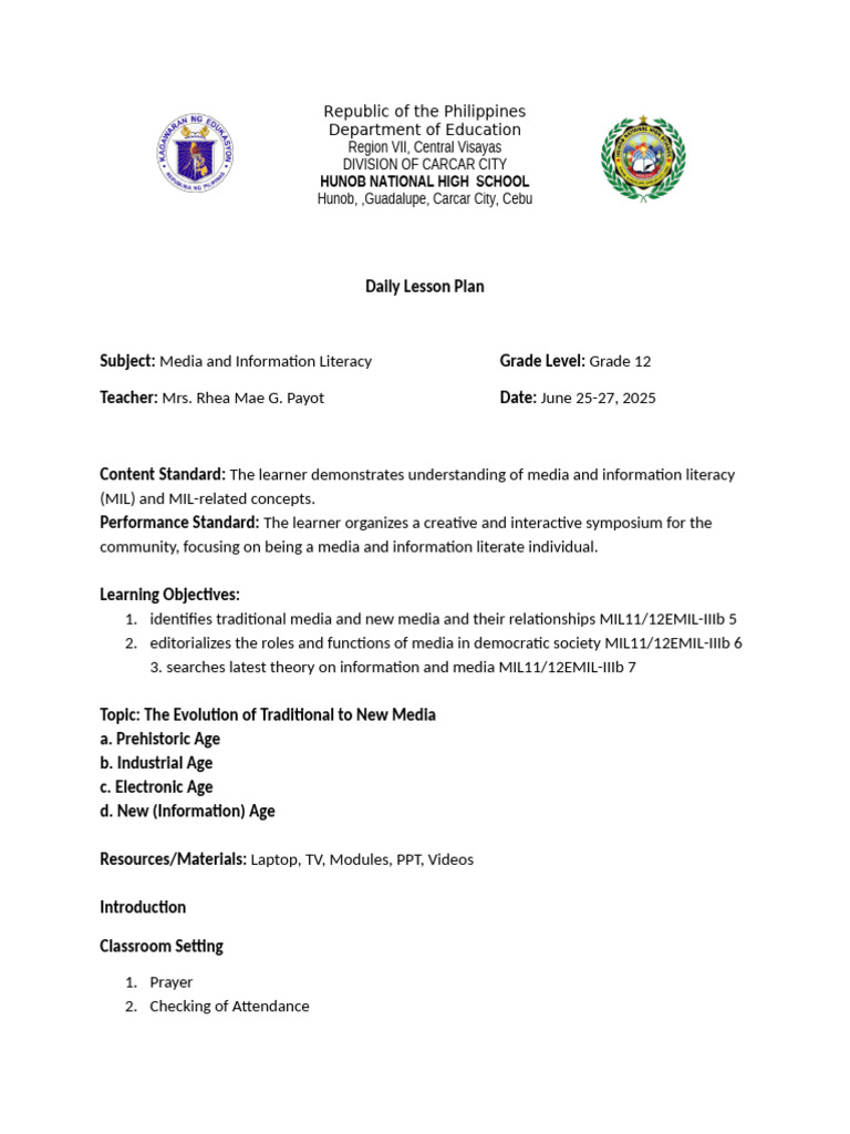 Grade 12 Media Literacy Lesson Plan | PDF | Mass Media | Communication