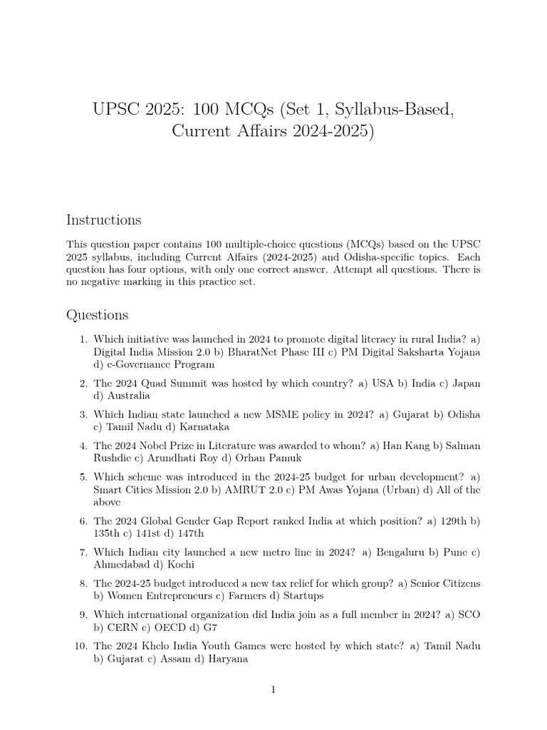 UPSC 2025: 100 MCQs on Current Affairs | PDF