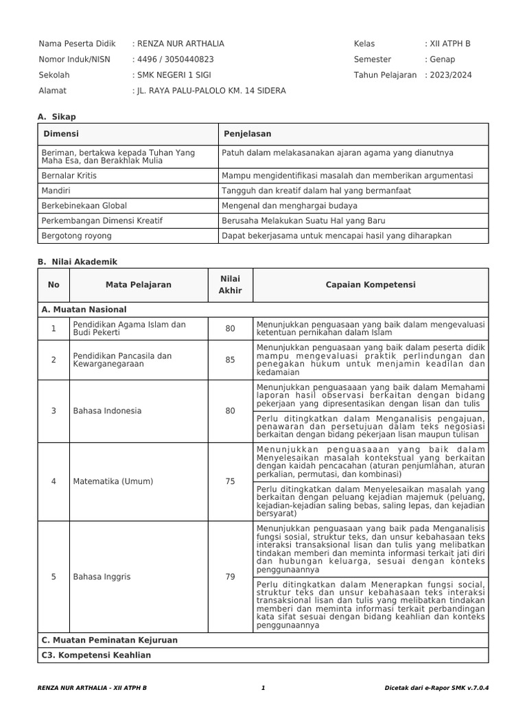 Rapor Akademik Renza Nur Arthalia XII ATPH B | PDF