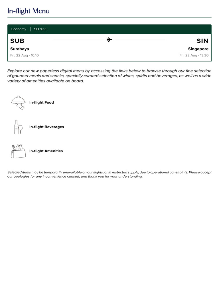 SQ 923 In-flight Menu Overview | PDF | Drink | Meal